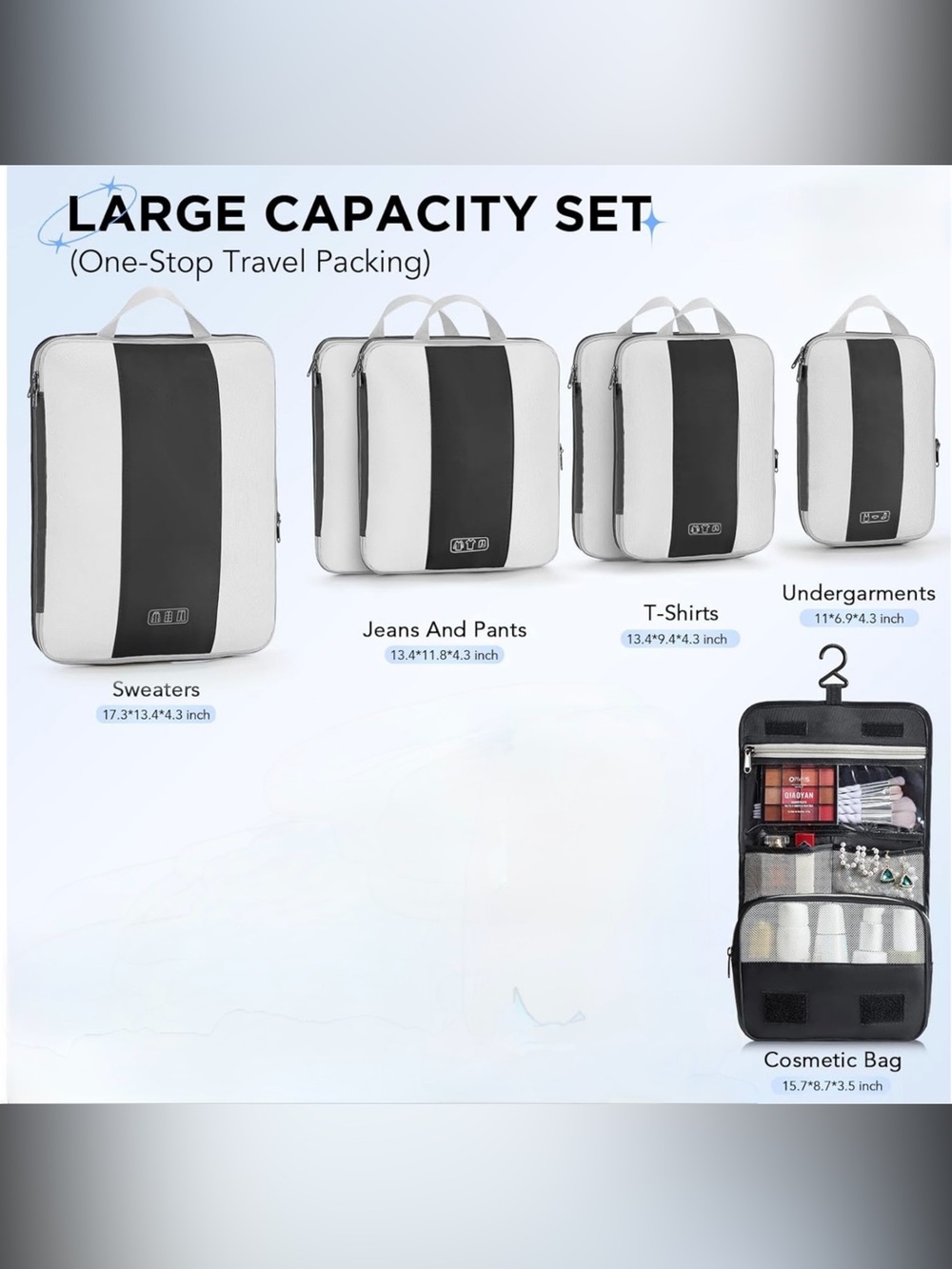 🌸H49 - 1/2 Travel Packing Cube Set - White/Black Organizer🧳🛍️(STRG)